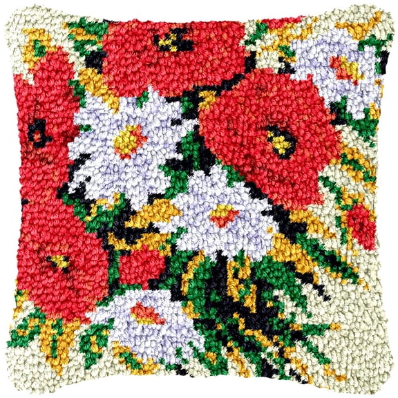 Flowers Latch Hook Kits Pillow Cover DIY Rug Making Crochet Hook Cushion Making Kits with Preprinted Pattern Canvas DIY Needlework Crochet Kits Sofa Decor 43x43cm(FA)