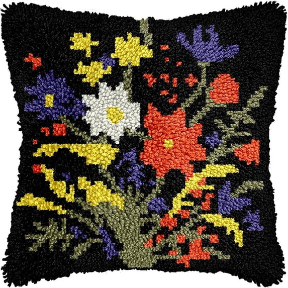 Flowers Latch Hook Kits Pillow DIY Rug Crochet Hook Cushion Making Kits with Preprinted Pattern Canvas Instruction Yarns Pillow Cover Easy Starter DIY Crochet Kits 43x43cm (de46)