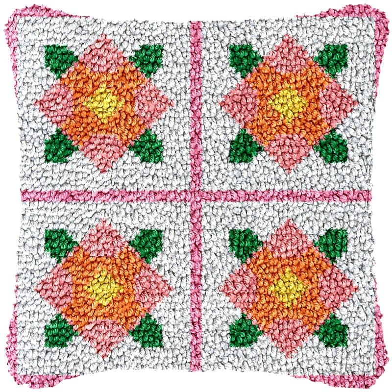 Flowers Latch Hook Pillow Cover Kits for DIY Handmade Throw Pillow Cross Stitch Latch Hook Pillowcase Rug Kits with Preprinted Color Pattern Canvas Crochet Yarn Kits 17''X 17''(ch136)