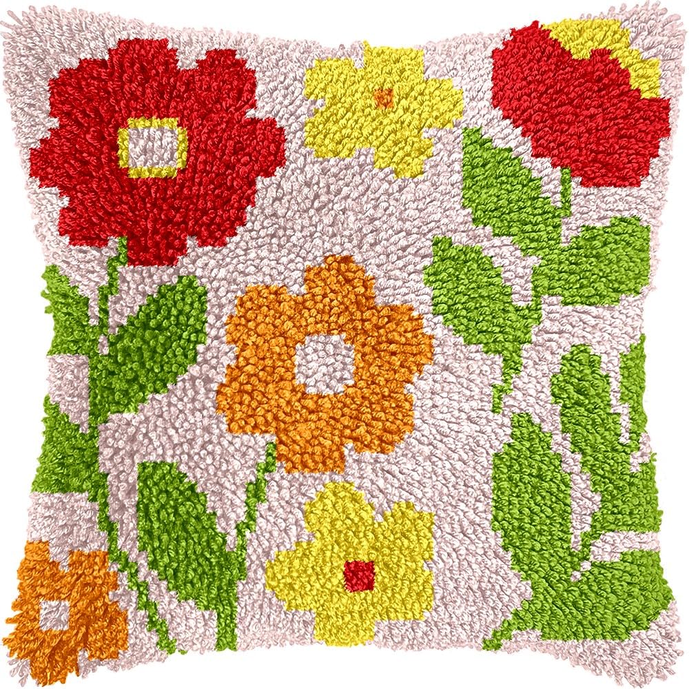 Flowers Latch Hook Pillow Cover Kits for DIY Handmade Throw Pillow Cross Stitch Latch Hooking Pillowcase Kits with Preprinted Color Pattern Canvas Crochet Yarn Kits 17''X 17''(8-66)