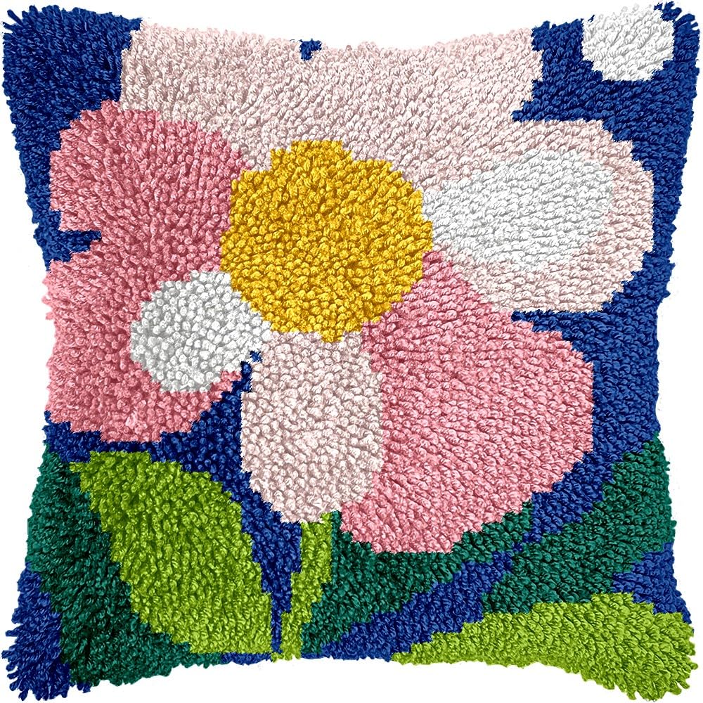 Flowers Latch Hook Pillow Cover Kits for DIY Handmade Throw Pillow Cross Stitch Latch Hooking Pillowcase Kits with Preprinted Color Pattern Canvas Crochet Yarn Kits 17''X 17''(5-1)