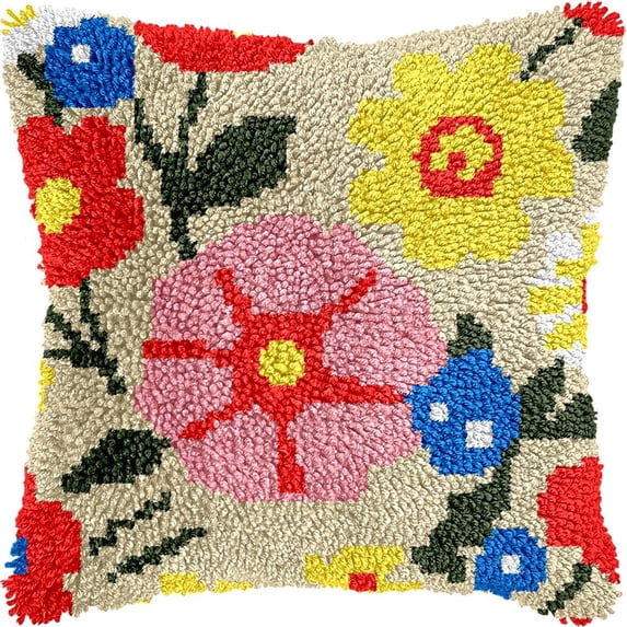 Flowers Latch Hook Pillow Cover Kits for DIY Handmade Throw Pillow Cross Stitch Latch Hooking Pillowcase Kits with Preprinted Color Pattern Canvas Crochet Yarn Kits 17''X 17''(5-111)