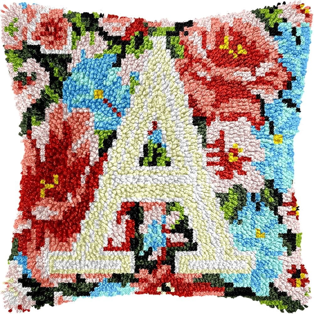 Flowers A Latch Hook Pillow Kits for DIY Handmade Throw Pillow Cushion Embroidery Latch Hooking Pillowcase Kits with Preprinted Canvas Crochet Yarn Kits 17''X 17''(g237)