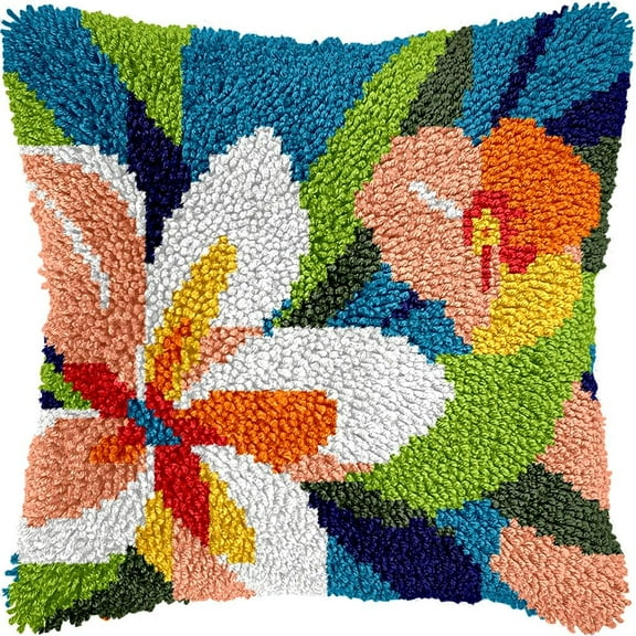 Flowers Latch Hook Pillow Kits DIY Pillowcase Crochet Hook Cushion Making Kits with Preprinted Pattern Canvas Instruction Yarns Pillow Cover Easy Starter DIY Kits 43x43cmk206)