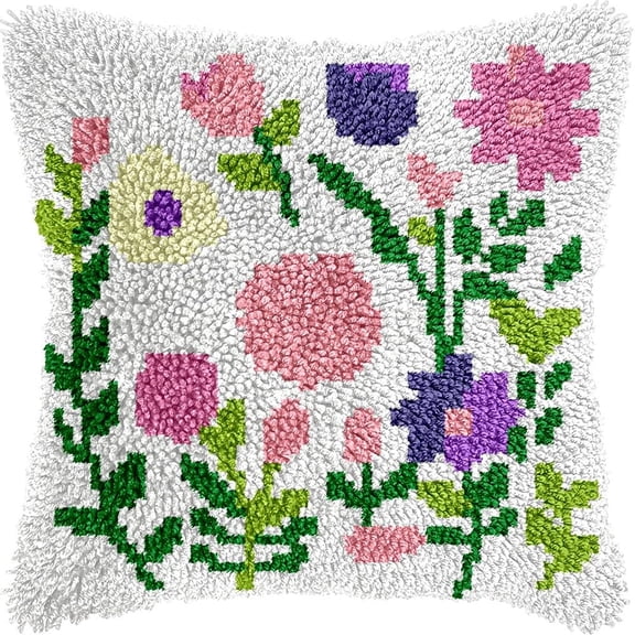 Flowers Latch Hook Pillow Kits DIY Pillowcase Crochet Hook Cushion Making Kits with Preprinted Pattern Canvas Instruction Yarns Pillow Cover Easy Starter DIY Kits 43x43cmk171)
