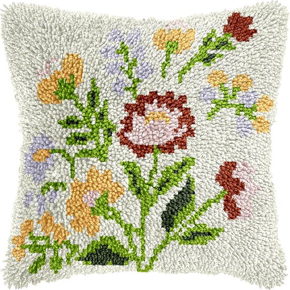 Flowers Latch Hook Pillow Kits DIY Pillowcase Crochet Hook Cushion Making Kits with Preprinted Pattern Canvas Instruction Yarns Pillow Cover Easy Starter DIY Kits 43x43cmk181)