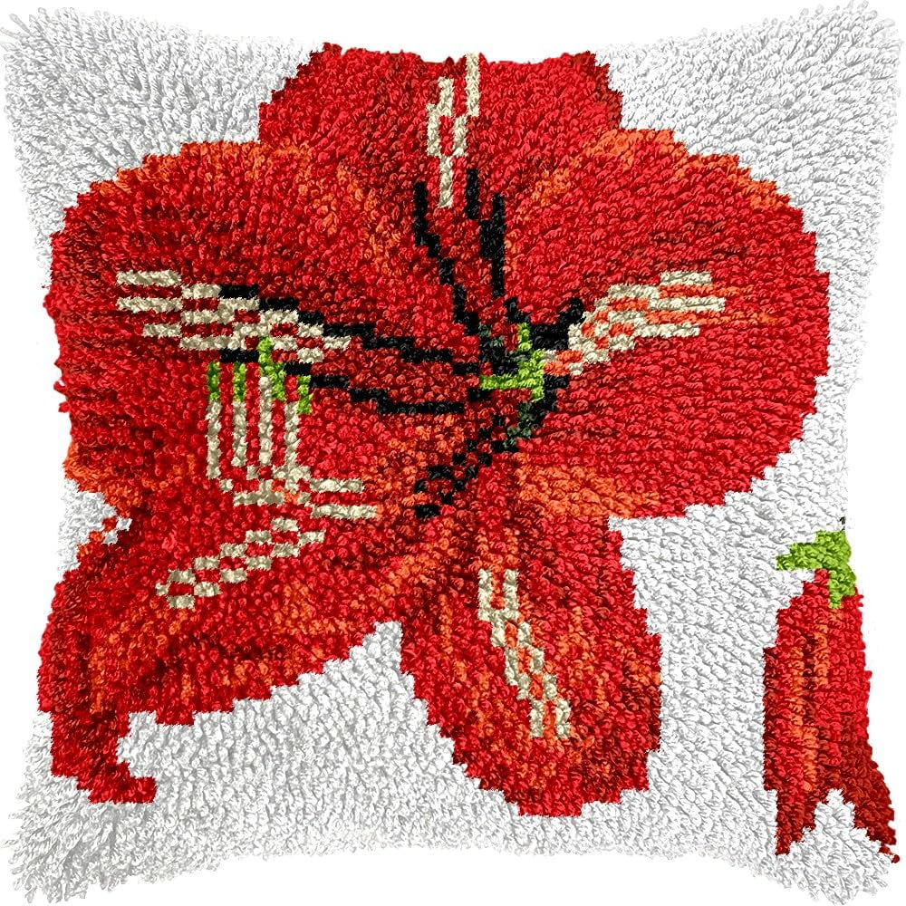 Flowers Latch Hook Pillow Kits for DIY Throw Pillow Cushion Embroidery Latch Hooking Pillowcase Kits with Preprinted Canvas Crochet Yarn Kits for Home Decor 17''X 17''(C135)