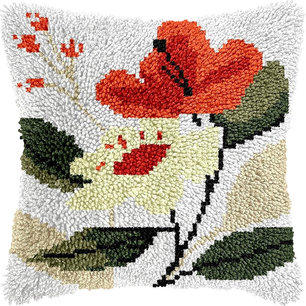 Flowers Latch Hook Pillow Kits for DIY Throw Pillow Cushion Embroidery Latch Hooking Pillowcase Kits with Preprinted Canvas Crochet Yarn Kits for Home Decor 17''X 17''(C187)