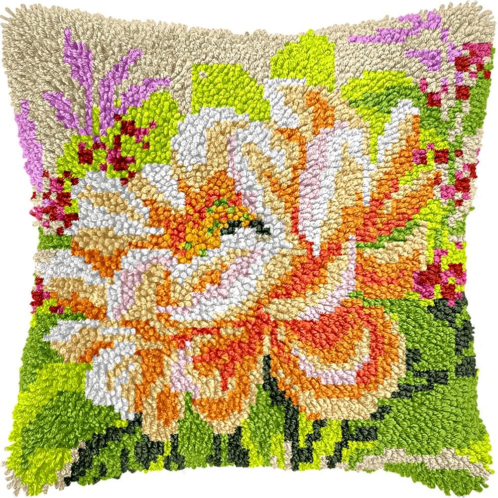 Flowers Latch Hook Pillow Kits for DIY Throw Pillow Cushion Embroidery Latch Hooking Pillowcase Kits with Preprinted Canvas Crochet Yarn Kits for Home Decor 17''X 17''(d86)