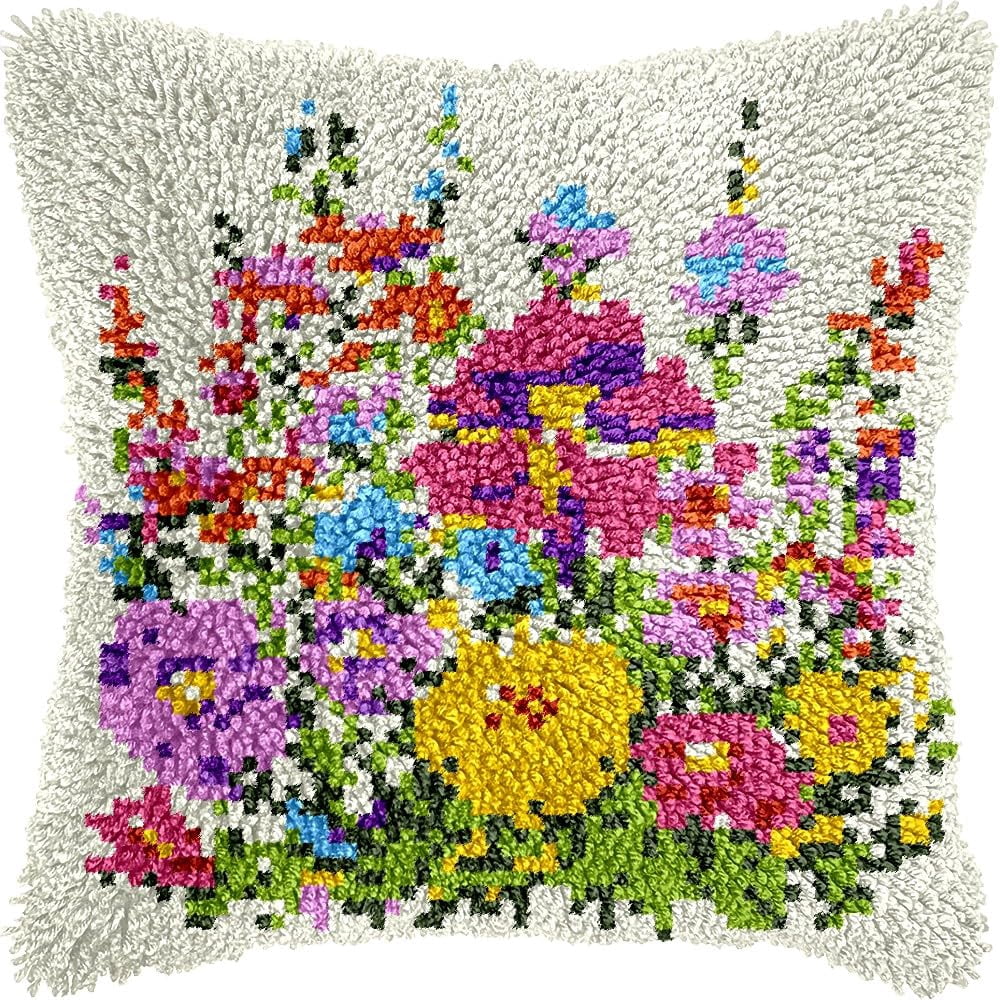 Flowers Latch Hook Pillow Kits Pillow Cover Latch Hook Crafts Crochet Knitted Hooking Pillowcase Cushion Crafts Embroidery Latch Hooking Kits Material Set 17x17 inch(132)