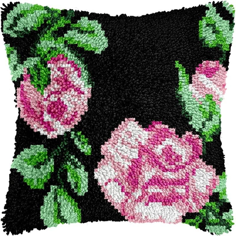 Flowers Latch Hook Pillow Kits Pillow Cover with Pattern Printed Canvas Crochet Cross Hooking Pillowcase Cushion Crafts Embroidery Latch Hooking Crochet Kits 17x17 inch(134)