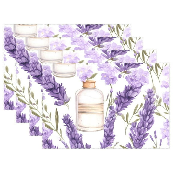 Flowers Lavender 4 PCs Placemats Set Linen Non-Slip Table Mat Rectangular Washable for Dining Kitchen Party 12"x18"