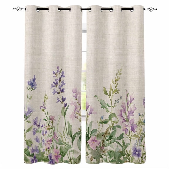 Flowers Lavender Blackout Curtains for Bedroom/Living Room, Thermal Insulated Kitchen Curtains, Retro Cottagecore Blooms Green Leaf Grommet Darkening Window Treatment Drapes 52"x72"x2