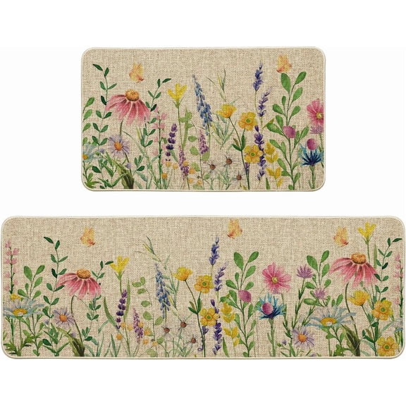 Flowers Lavender Daisy Spring Kitchen Mats Set of 2, Summer Home Decor Low-Profile Kitchen Rugs for Floor - 17x29 and 17x47 Inch
