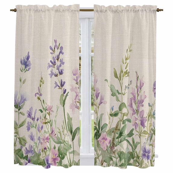 Flowers Lavender Kitchen Curtains, Retro Cottagecore Blooms Green Leaf Light Filtering Window Curtain Panels, 2Pcs Rod Pocket Window Treatments Set for Living Room Bathroom Bedroom 42x63 Inches