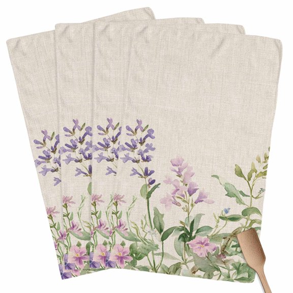 Flowers Lavender Kitchen Towel Dish Cloths Set of 4, Microfiber Soft Kitchen Hand Towels, Retro Cottagecore Blooms Green Leaf Absorbent Quick Drying Dishcloths 18 x 28 Inches