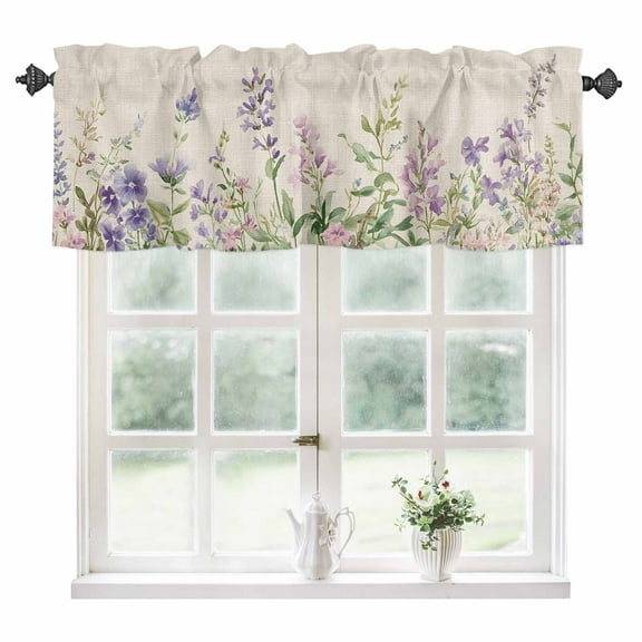 Flowers Lavender Kitchen Valances for Windows 42x12 Inch Kitchen Curtains Valances Rod Pocket Retro Cottagecore Blooms Green Leaf Bathroom Window Valances for Window Treatment Decor