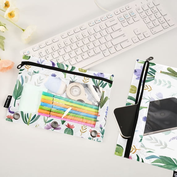 Flowers Lavender Leaves Cactus 2 Pack Pencil Pouches Zipper Pencil Case 3 Ring Pencil Pouch Cosmetic Bag