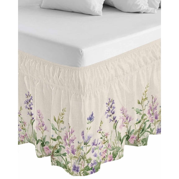 Flowers Lavender Wrap Around Bed Skirts for California King Bed 16" Drop,Bed Skirt with Adjustable Elastic Belt Dust Ruffle Bed Valance for Bedroom Retro Cottagecore Blooms Green Leaf Bed Frame Cover