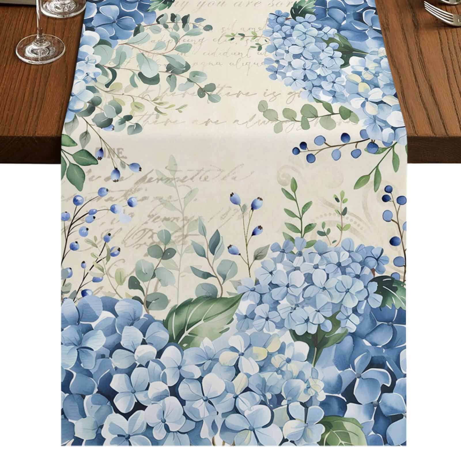Flowers Leaves 36 Inch Table Runner, Farmhouse Floral Blue Green Beige ...