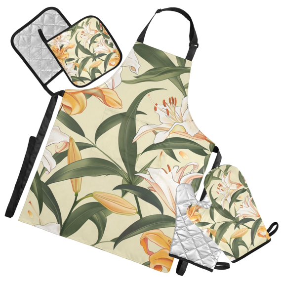 Flowers Leaves Apron Set with Oven Mitts Pot Holders Set of 5 Kitchen Stuff Accessories