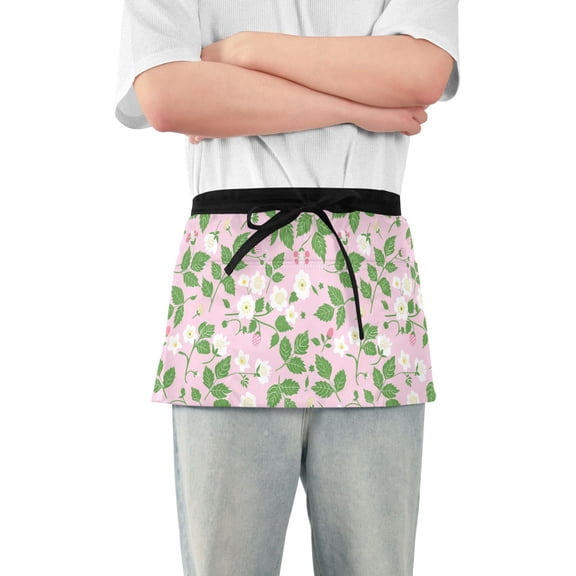Flowers Leaves Bud Server Apron with 3 Pockets Waterproof Waitress Waist Short Apron for Man Woman 12 Inches