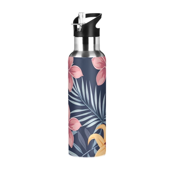 Flowers Leaves Fierce Fishes Sports Bottle with Straw Stainless Steel Water Jug Portable Thermal Cup Leak-proof 1000ML