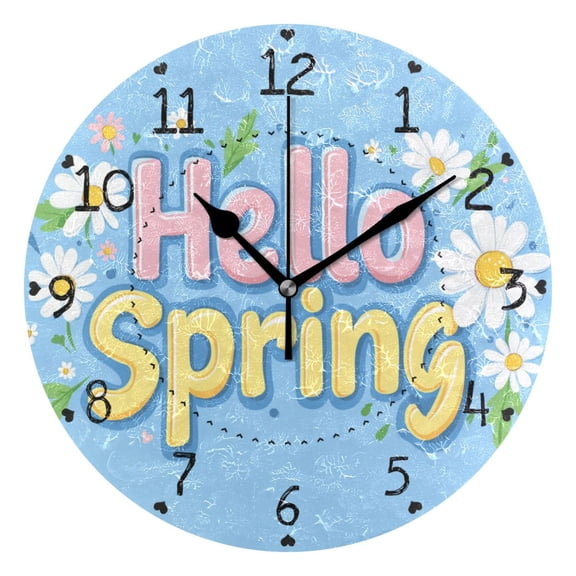 Flowers Leaves Hello Spring Round Wall Clock Silent Analog Battery Operated Black Pointer Home Decor 9.84" Diameter