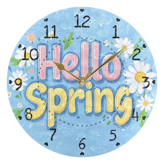 Flowers Leaves Hello Spring Round Wall Clock Silent Analog Battery Operated Gold Pointer Home Decor 9.84" Diameter
