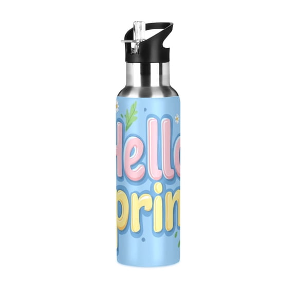 Flowers Leaves Hello Spring Sports Bottle with Straw Stainless Steel Water Jug Portable Thermal Cup Leak-proof 1000ML