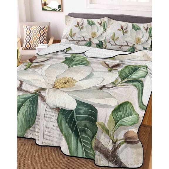 Flowers Leaves King Size Down Alternative Comforter, Lightweight Comforter Quilt Bedding Set with Pillow Shams Farmhouse White Botanical Magnolia Retro All Seasons Bed Comforter Duvet Insert 96"x106"