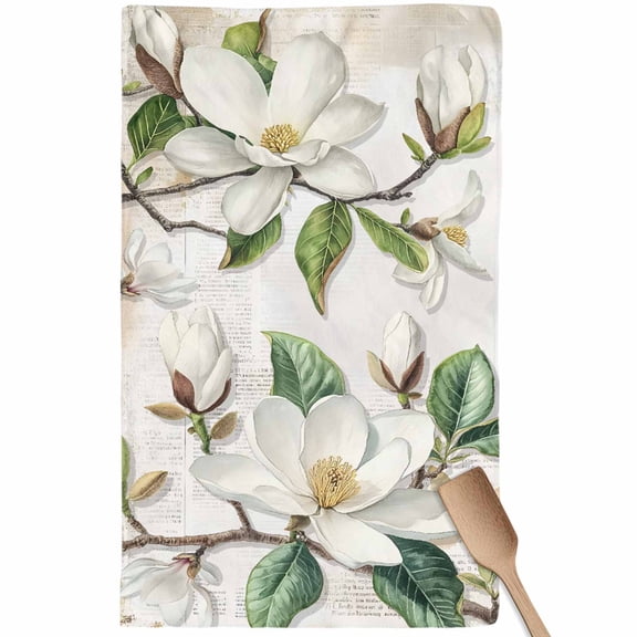 Flowers Leaves Kitchen Towel Dish Cloths Set of 1, Microfiber Soft Kitchen Hand Towels, Farmhouse White Botanical Magnolia Retro Absorbent Quick Drying Dishcloths 18 x 28 Inches