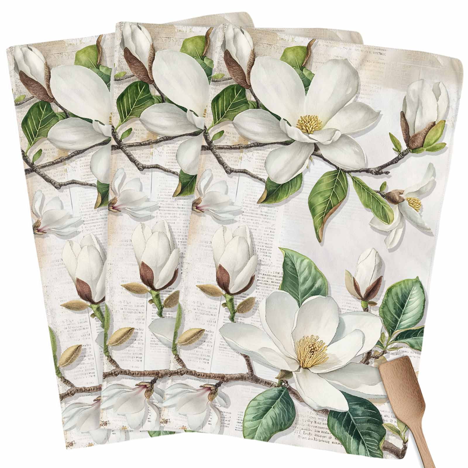 Flowers Leaves Kitchen Towel Dish Cloths Set of 3, Microfiber Soft Kitchen Hand Towels, Farmhouse White Botanical Magnolia Retro Absorbent Quick Drying Dishcloths 18 x 28 Inches