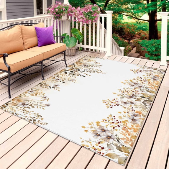 Flowers Leaves Outdoor Rug for Patio/Deck/Porch, Non-Slip Large Area Rug 3 x 5 Ft, Fall Country Watercolor Wild Floral Plant Indoor Outdoor Rugs Washable Area Rugs, Camping Rug Carpet Runner