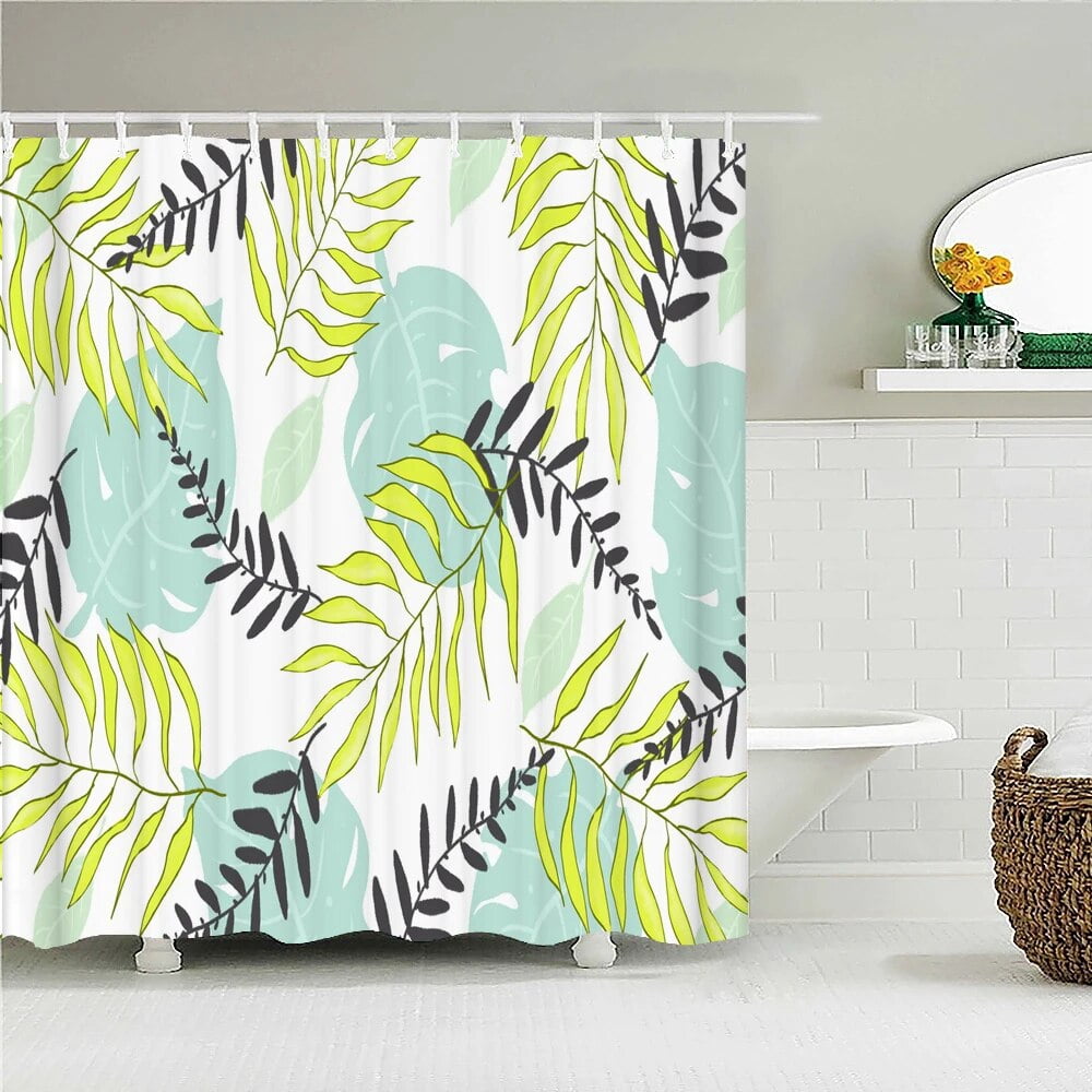 Flowers Leaves Plant Pattern Bath Curtain Waterproof Fabric Shower ...