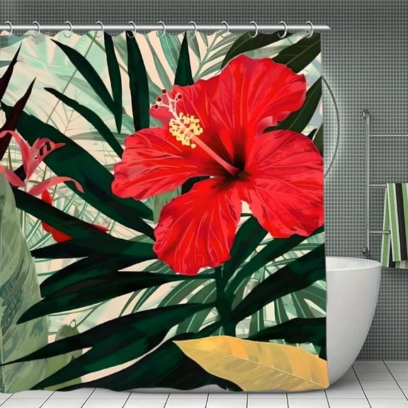 Flowers Leaves Red Flower Print Shower Curtain,Modern Fabric Waterproof Shower Curtain Set with Hooks,70.8×70.8Inch