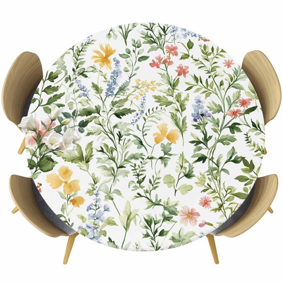 Flowers Leaves Round Tablecloth 36-44 Inch Round Fitted Table Cloth with Elastic Edge, Colorful Botanical Nature Plants Herbs Waterproof Table Cover Protector for Outdoor Picnic Party Dining