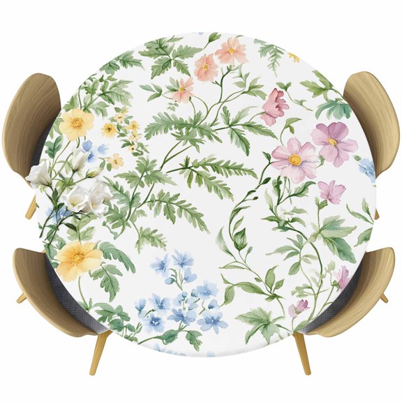 Flowers Leaves Round Tablecloth 36-44 Inch Round Fitted Table Cloth with Elastic Edge, Summer Spring Botanical Herbs Leaves Waterproof Table Cover Protector for Outdoor Picnic Party Dining
