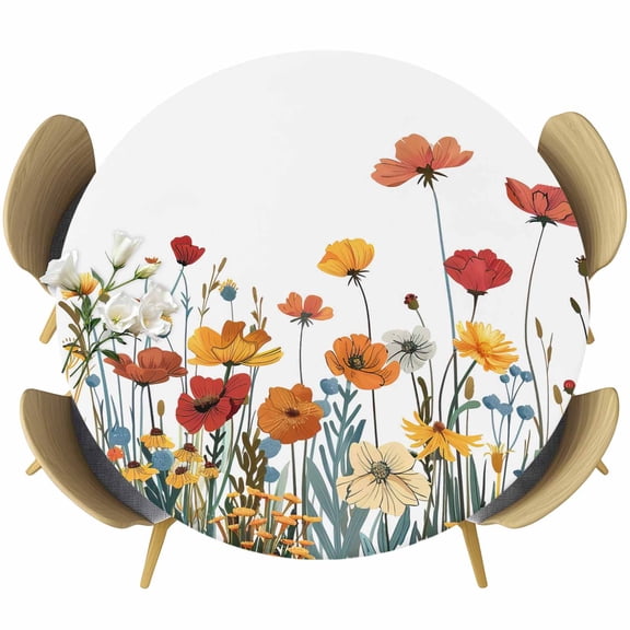 Flowers Leaves Round Tablecloth 36-44 Inch Round Fitted Table Cloth with Elastic Edge, Vinatge Botanical Floral Plant Watercolor Waterproof Table Cover Protector for Outdoor Picnic Party Dining