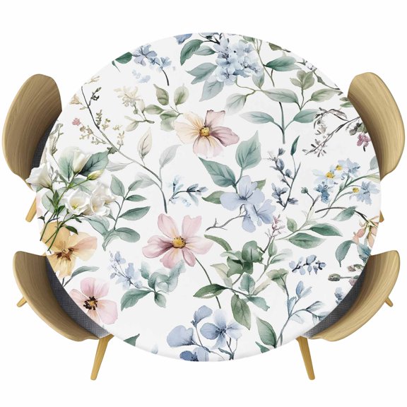 Flowers Leaves Round Tablecloth 55-60 Inch Round Fitted Table Cloth with Elastic Edge, Watercolor Botanical Floral Herbs Leaves Waterproof Table Cover Protector for Outdoor Picnic Party Dining