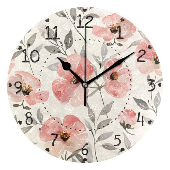 Flowers Leaves Soft Palette Round Wall Clock Silent Analog Battery Operated Black Pointer Home Decor 9.84" Diameter