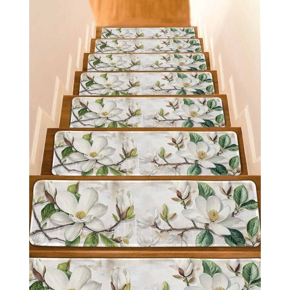 Flowers Leaves Stair Treads Non Slip Runners Rugs, 4 Pcs Carpet for Stairs with Adhesive, Farmhouse White Botanical Magnolia Retro Stair Mats Pads Indoor Stair Treads for Wooden Steps 8"x30"