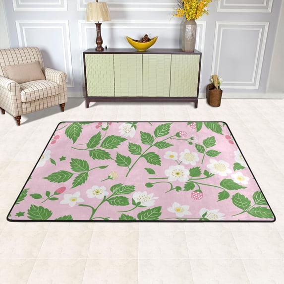 Flowers Leaves Strawberries Area Rug Washable 72 x 48 Floor Carpet Mat Non Slip for Bedroom Living Room Kids Room Home Decor