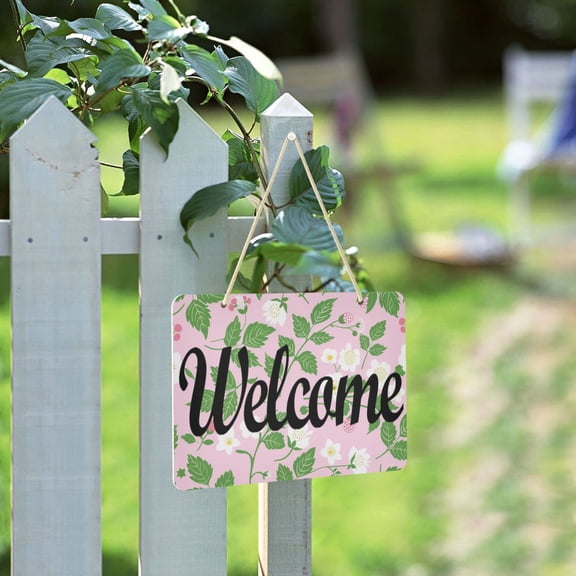 Flowers Leaves Strawberries Welcome Sign for Front Door Porch Wreath Door Sign Home Decoration Rustic Farmhouse Style