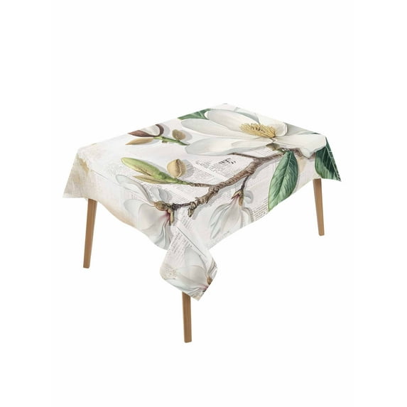 Flowers Leaves Table Cloth, Farmhouse White Botanical Magnolia Retro Waterproof Tablecloth for Rectangle Tables, Reusable Washable Fabric Table Cover for Restaurant Kitchen Dining Tables 60"x84"