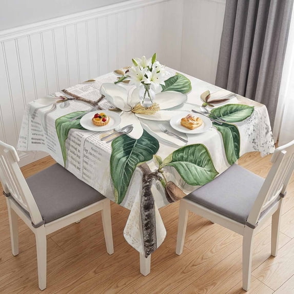 Flowers Leaves Table Cloth Waterproof Tablecloths, Farmhouse White Botanical Magnolia Retro Tablecloth Dining Table Cover for Kitchen Party Tabletop Outdoor, Square Tablecloth 60x60 Inch