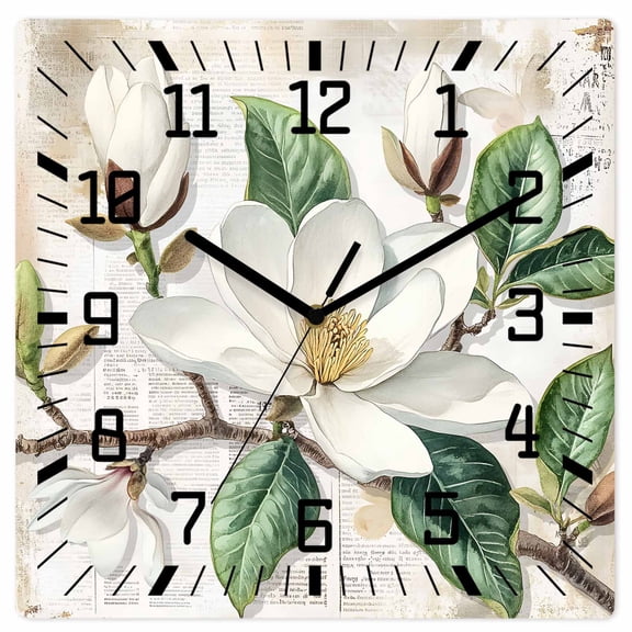 Flowers Leaves Wooden Wall Clock Silent Non Ticking, Farmhouse White Botanical Magnolia Retro Square Wall Clocks Battery Operated, Decor Clock for Home Office, Living Room, Kitchen, 10 Inch