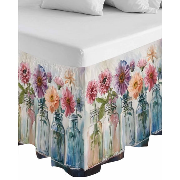 Flowers Leaves Wrap Around Bed Skirts for Queen Bed 16" Drop,Bed Skirt with Adjustable Elastic Belt Dust Ruffle Bed Valance for Bedroom Hotel Farmhouse Botanical Floral Bottle Rustic Bed Frame Cover