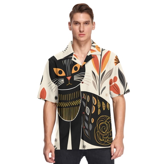 Flowers Leaves and Black Cat Men's Hawaiian Wrinkle Free Button Down Short Sleeve Shirt Casual Shirts Beach Shirts