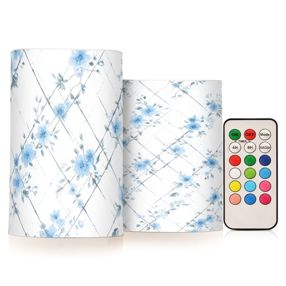 Flowers Light Blue Flickering Flameless Candles Battery Operated with Remote Timer LED Pillar Candles Set of 2